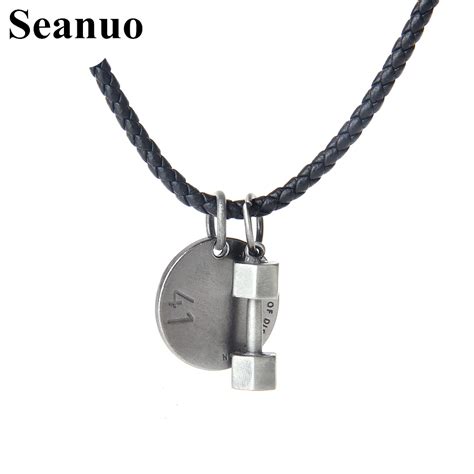 Seanuo Stainless Steel Round 1314 Moon With Dumbbell Leather Pendant