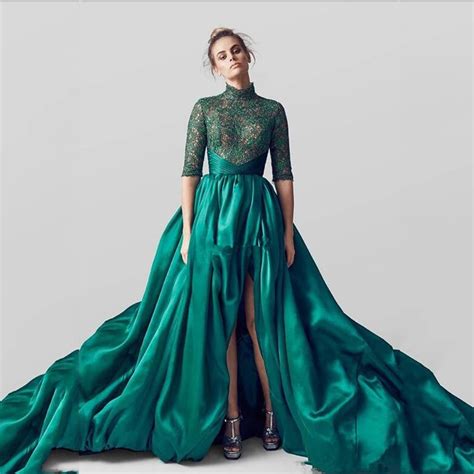 Amazing Emerald Ultra Long Train Evening Dresses 2017 Long High Split
