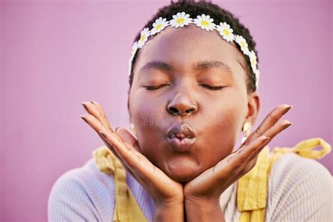 Mockup Blowing Kiss And Black Woman Happy Cosmetics And Natural Beauty On Studio Background