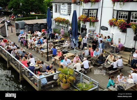 English Riverside Pub People Eating Drinking Outside The Angel Public House At Henley On Thames