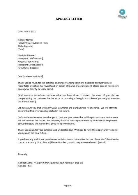 Apology Letter For Mistake To Customer Template Templates At