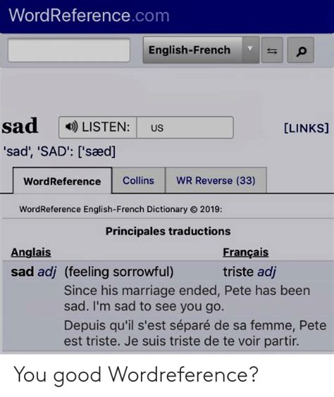 WordReferencecom English-French Sad LISTEN LINKS US 'Sad' 'SAD' 'Sæd ...