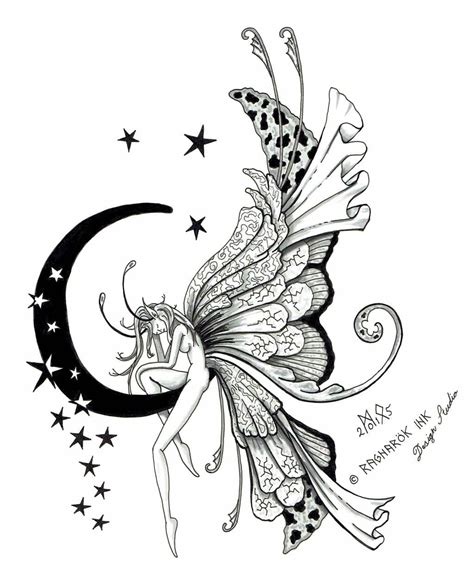 Attractive Fairy On Half Moon With Stars Tattoo Design By Raknarok
