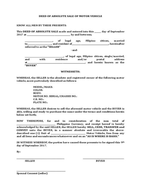 Deed Of Absolute Sale Of Motor Vehicle Format Deed Property Law