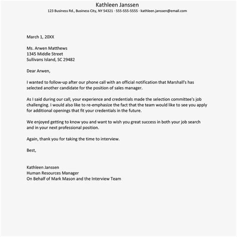 Post Interview Rejection Email Letter Template Business Format
