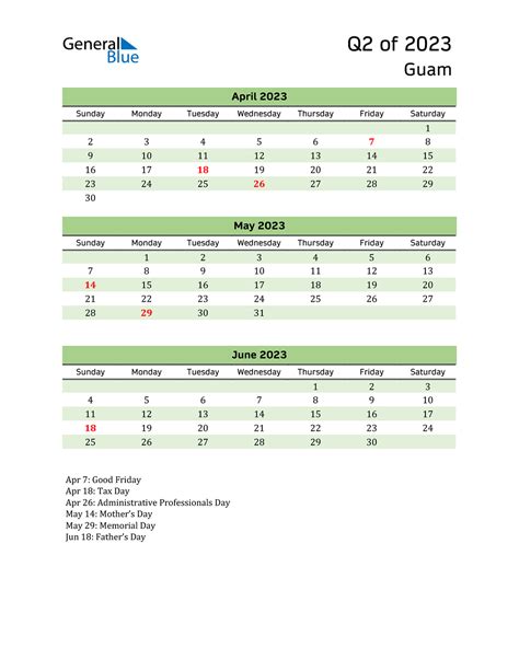 Q2 2023 Quarterly Calendar With Guam Holidays
