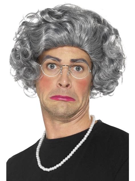 Granny Old Lady Grandma Grey Hair Wig Grandmother Wig Pearls Glasses