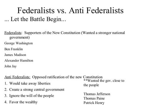 Federalists And Anti Federalists Quizlet