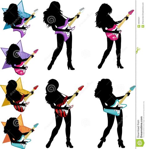 Rock Star Guitarist Girl Silhouettes Set Stock Vector