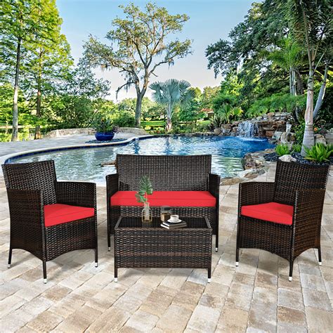 Gymax 4PCS Patio Rattan Conversation Furniture Set Outdoor w/ Red ...