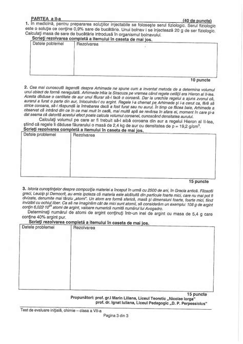 PDF Test de evaluare initialä chimie clasa a Vll a Pagina 1 din 3