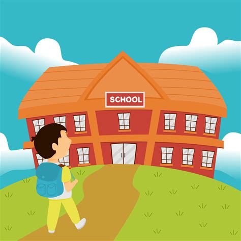 Happy Boy Going To School Illustration School Building Background
