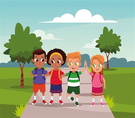 Felices Niños Y Niñas Caminando En El Parque Vector Premium