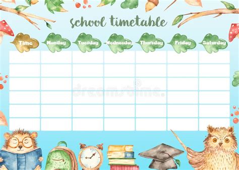 Watercolor School Timetable With Cute Forest Animals On Blue Background