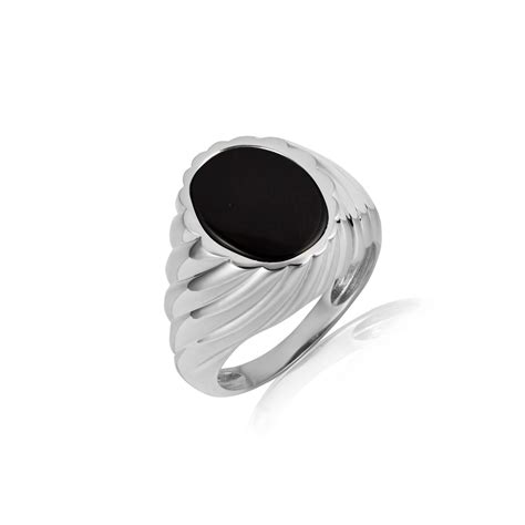 925 Sterling Silver Oval Black Onyx Gemstone Swirl Ribbed Mens Ring