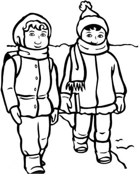 Downloadable Boy And Girl With Winter Clothes Coloring Page