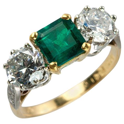Three Stone Emerald Diamond Gold Ring At 1stdibs