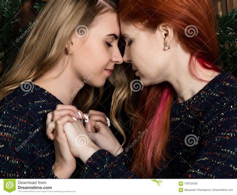 Pretty Lesbians Kissing Gently First Love Affectionate Attitude To