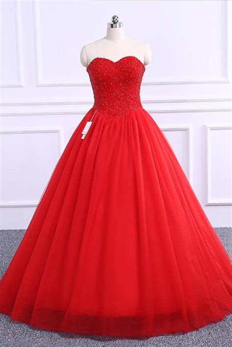 Red Tulle Sweetheart Neck Beaded Long Sweet 16 Prom Dress Ball Gown