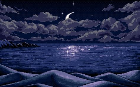 Digital Art Pixel Art Pixels Moon Horizon Blue Reflection Nature