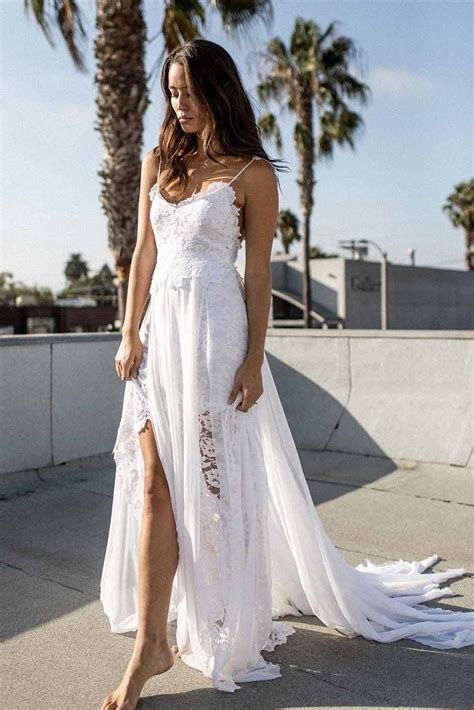 A Line Spaghetti Strap White Lace Chiffon Backless Beach Wedding Dress