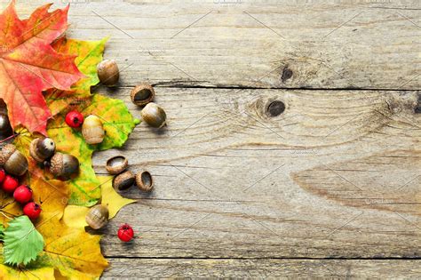 Autumn Leaves On Wooden Backdrop High Quality Nature Stock Photos