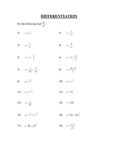 Differentiation Worksheets Core 1 Level Teaching Resources