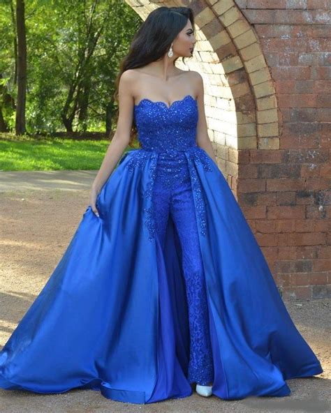 Royal Blue Jumpsuits Lace Prom Dresses Strapless Neck Beaded Overskirt Evening Gowns Vestidos De