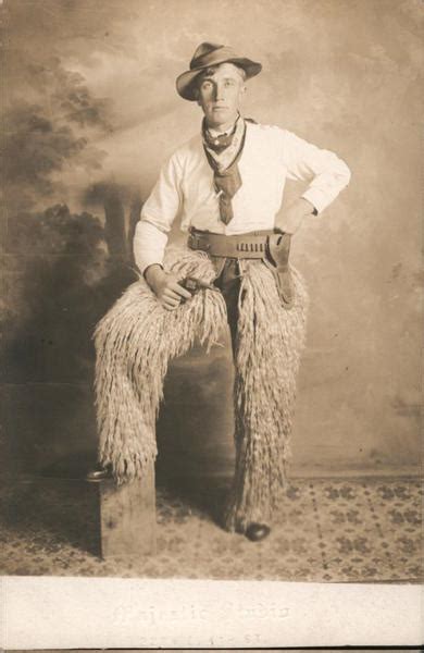 Man Dressed As Cowboy Wooly Chaps Pistol Studio Photos Postcard