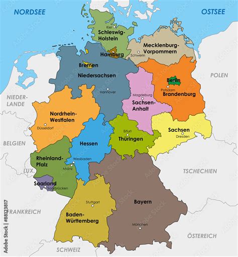 Vetor de Deutschland Karte Bundesländer Landeshauptstädte Hauptstadt do Stock Adobe Stock