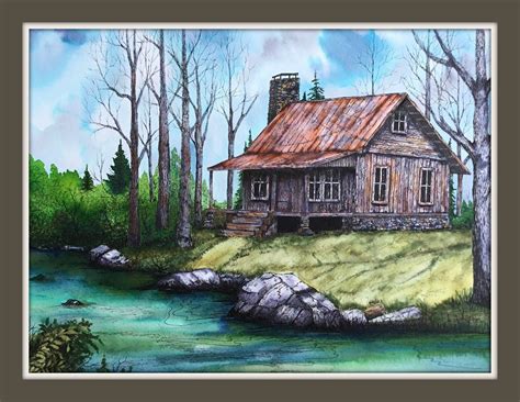 Log Cabin Print Mountains Country Cabin Landscape Creek