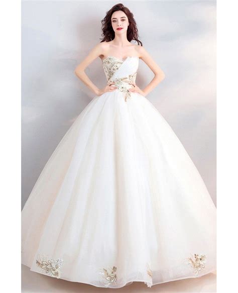 Fancy Gold Embroidery Ivory Ball Gown Wedding Dress Strapless Wholesale