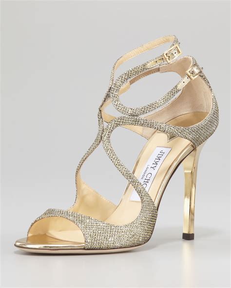 jimmy choo lang glittered strappy sandal pewter in gold pewter lyst