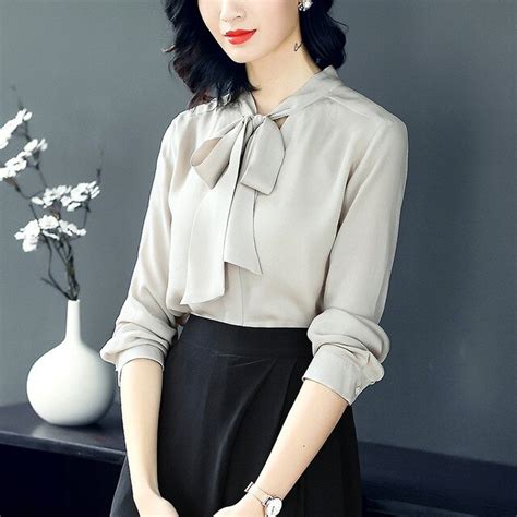 korean fashion clothing 100 silk women blouses bow long sleeve shirt ladies tops office elegant