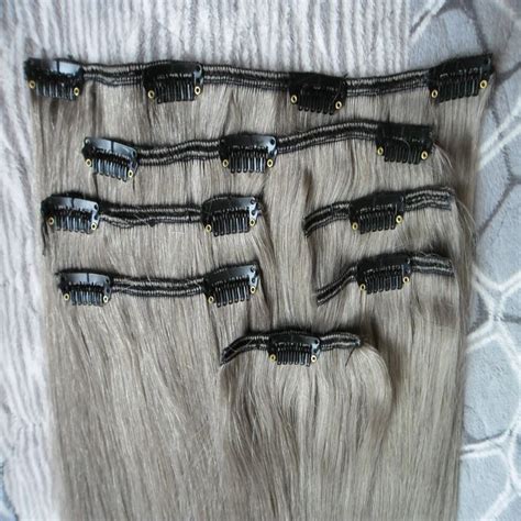 Silver Gray Hair Extensions 100g Straight Human Hair Clip Ins Clip In