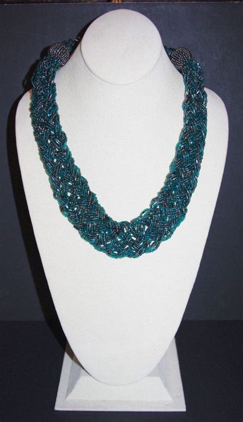 Braided Beaded Necklace Teal And Black Etsy Beaded Necklace