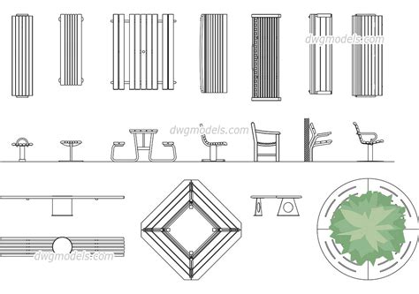 Others cad blocks playground equipment in plant and elevation. Benches DWG, free CAD Blocks download