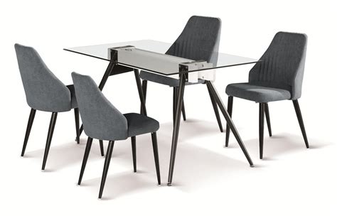 Vida living kalmar glass dining table and 4 next opus dining chairs very well looked after and in excellent condition glass table with crome legs. 140cm Glass dining table and 4 grey fabric chairs - Homegenies