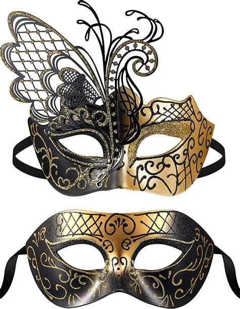 Masqstudio Couples Black Gold Masquerade Ball Mask Pair Feather Mardi