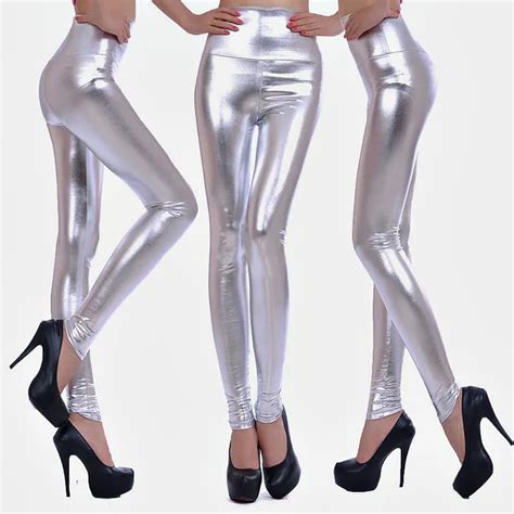 2014 Sexy Women Stretchy Metallic Silver Tight Pants High Waisted Faux Leather Leggings Tight