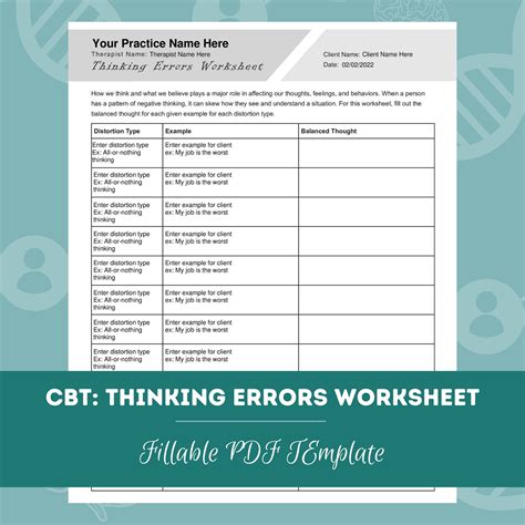 Cbt Thinking Errors Worksheet Editable Fillable Pdf For Counselors Psychologists