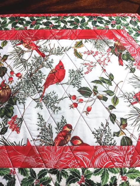 Quilted Christmas Table Runner Cardinals Holly Chickadees Red Green