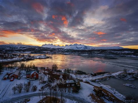 Wallpaper Top View Winter Snow Mountains Bay Sunset Norway