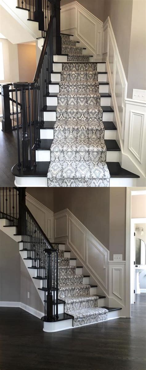 Beautiful Patterned Stair Runner On Dark Stained Stairs With Dark