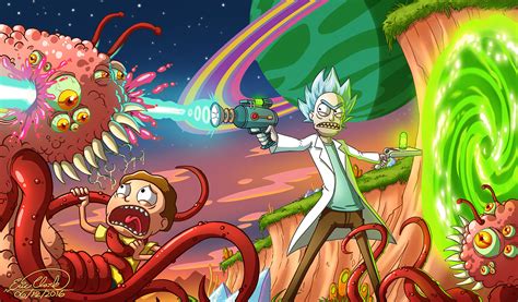 Rick Blasting An Alien That Is About To Eat Morty 4k Ultra Hd Duvar