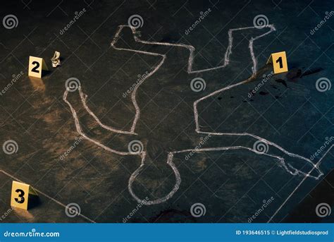 Chalk Outline And Evidence Markers Stock Image Image Of Spots