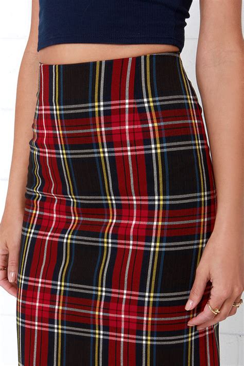 chic red plaid skirt midi skirt pencil skirt high waisted skirt 63 00