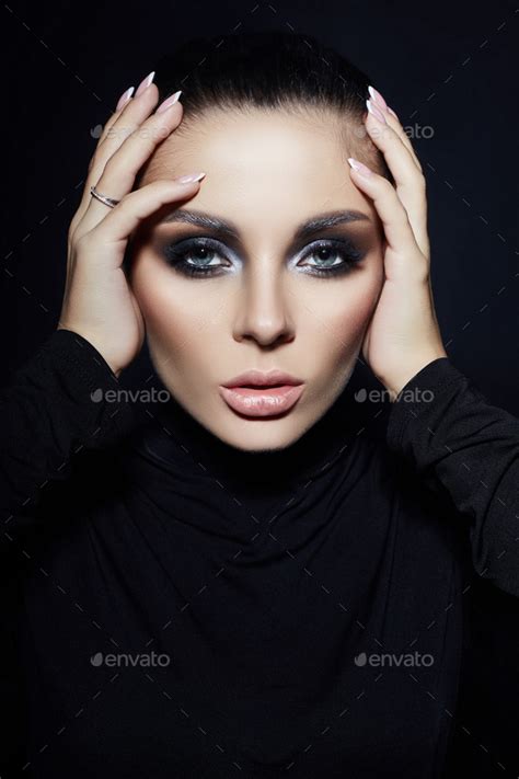 Classic Smokey Makeup On Woman Face Beautiful Big Eyes Fashion Perfect Makeup Stock Photo By