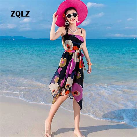 Zqlz Women Sexy Summer Beach Dress Chiffon Printing Floral Fashion Sleeveless Evening Party