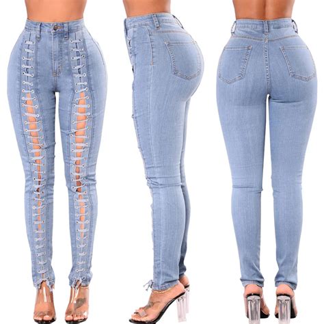 qmgood fashion sexy 2018 lace up jeans woman high waist plus size stretchy denim skinny pants